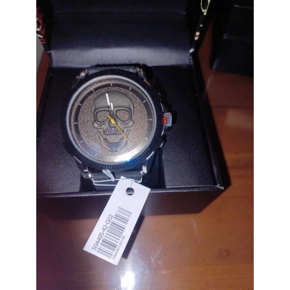 NWT Ed Hardy Men's Black Skull Watch 48mm Silicone Strap NIB 50449S-42-G02
